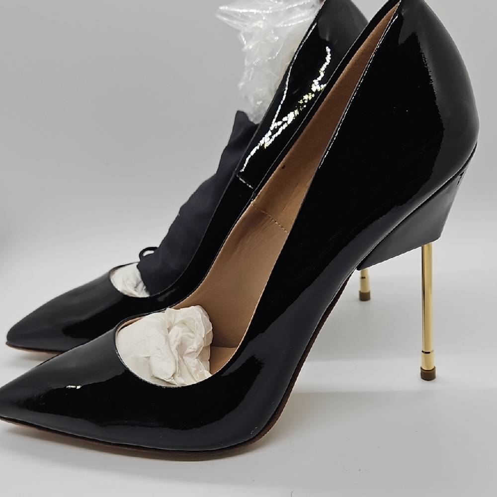 Kurt Geiger Black Patent Pointed Toe Pumps with Gold Stiletto Heel Sz 39